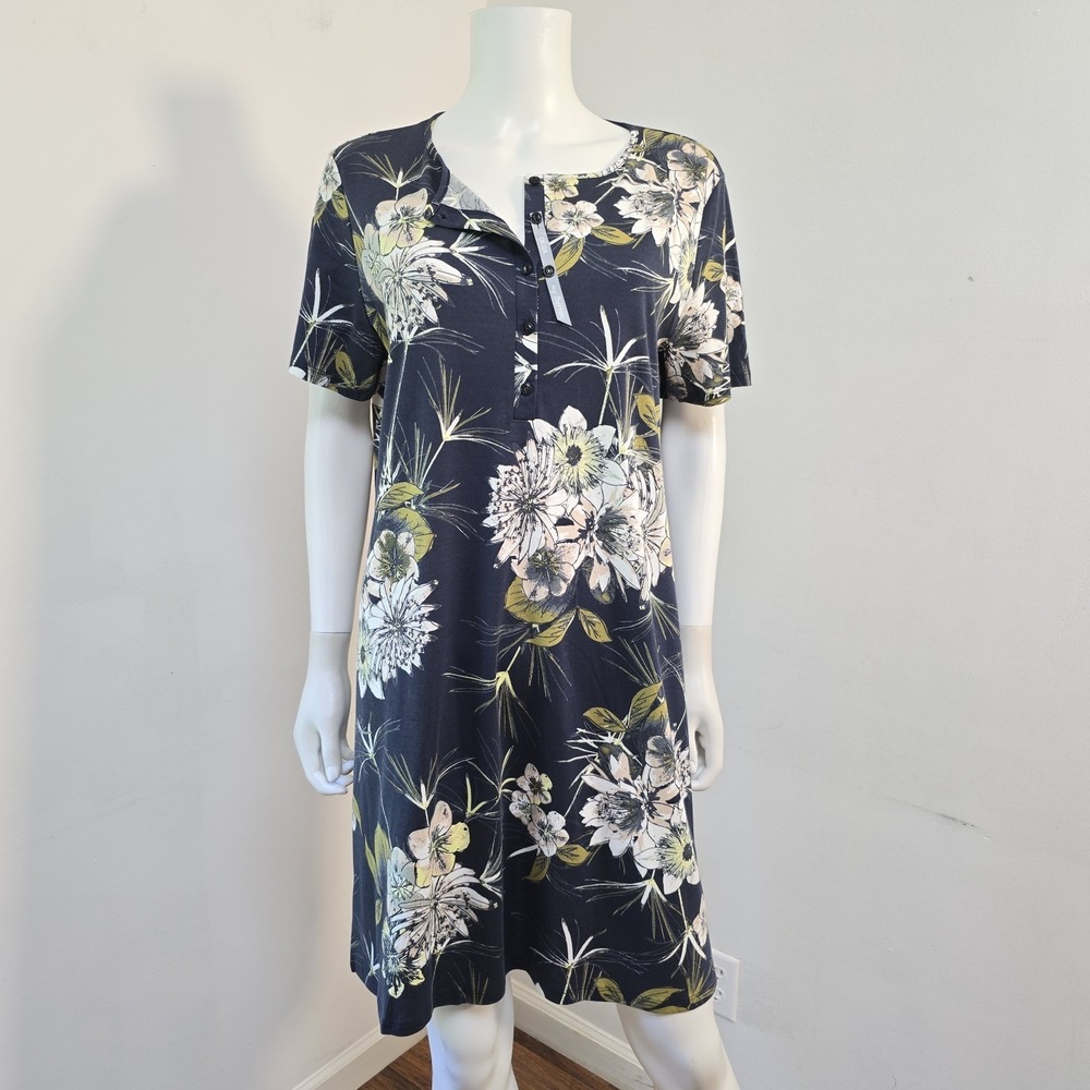 Calida Of Switzerland Nightgown Blue Floral Short Sl Size M Cotton Henley New